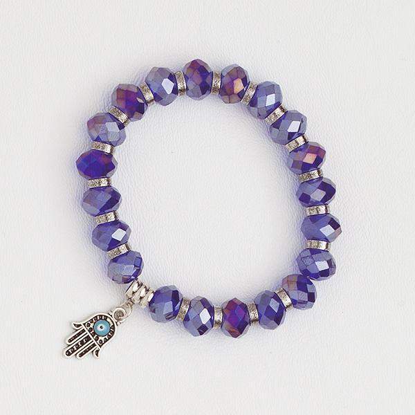 Elastic Bracelet in Violet Zircon Beads with Hamsa Hand Pendant