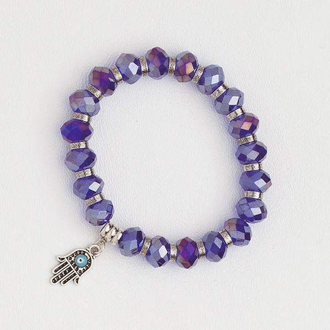 Elastic Bracelet in Violet Zircon Beads with Hamsa Hand Pendant