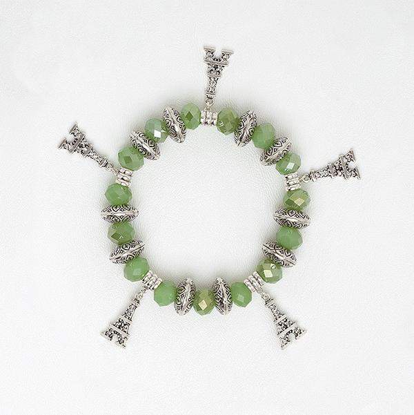 Elastic Bracelet in Green Zircon Beads with Eiffel Tower Pendants