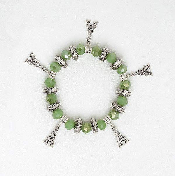 Elastic Bracelet in Green Zircon Beads with Eiffel Tower Pendants