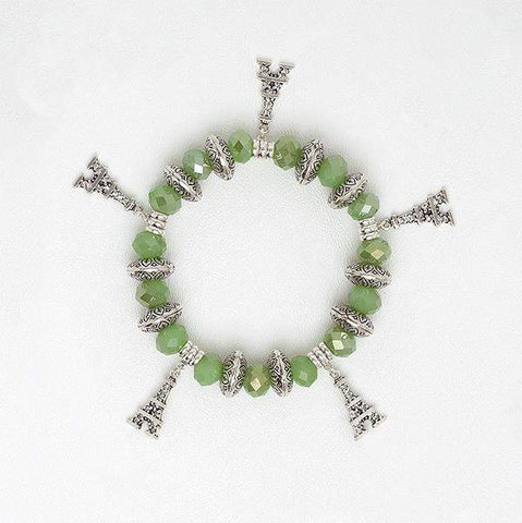 Elastic Bracelet in Green Zircon Beads with Eiffel Tower Pendants